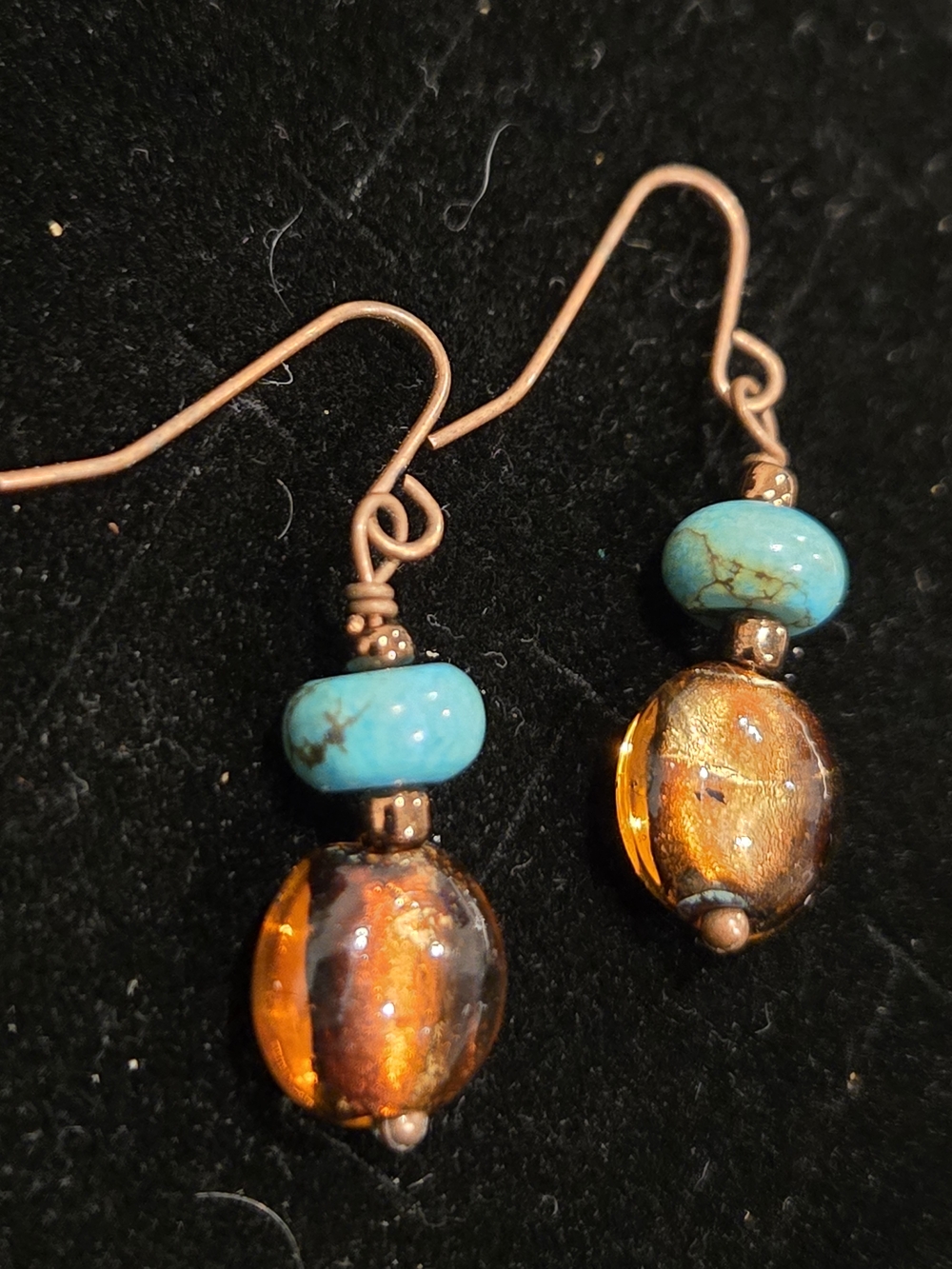 Handcrafted Turquoise and Amber Colo Glass Drop Earrings